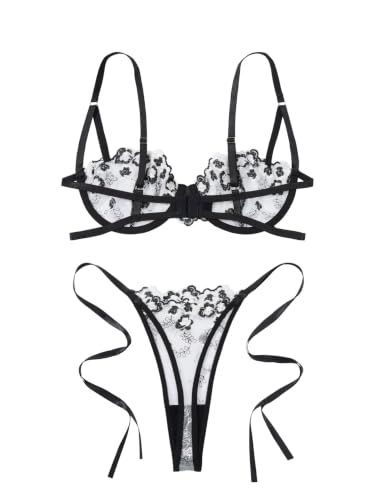 Image of Lilosy Sexy Lingerie Set 2 Piece Women Bra and Panty | Tie Side Cute Sheer Push Up Embroidered Mesh Bridal Wedding Matching Strappy Underwire Petite Honeymoon Christmas Valentine's