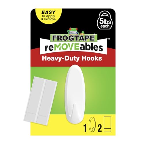 Image of FrogTape reMOVEables Heavy Duty Wall Hooks - Holds up to 5 lbs - Includes 1 Hook and 2 Strips - No Damage - Easy to Remove & Reuse - Large Wall Hook with Adhesive Strips - White (Pack of 1)