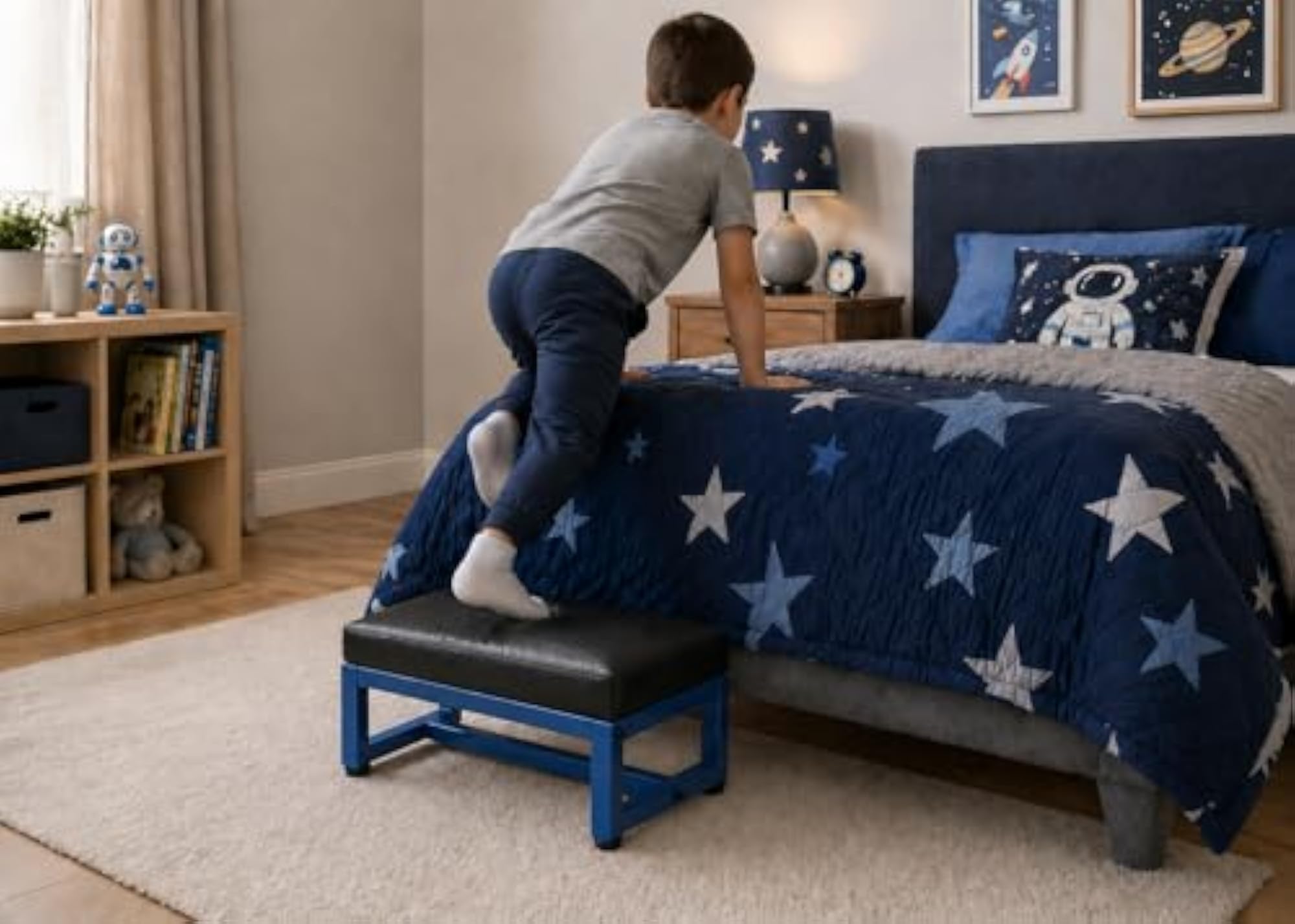 Cushioned Low Stool with Metal Frame, Blue