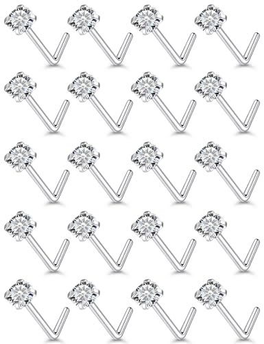 Ftovosyo 20Pcs Nose Rings Studs Surgical Steel L-Shape Nose Rings For Women Silver 2Mm Cubic Zirconia Nose Screw Studs Hypoallergenic Nose Piercings 22G cover
