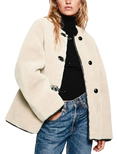 Women Faux Fur Jackets Loose Fit Fleece Long Sleeve Buttons Shaggy Winter Warm Outerwear Coats