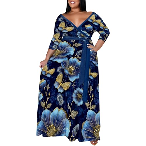 Image of SUZONANA Plus Size Maxi Dresses for Curcy Women Casual Loose 3 /4 Sleeve Long Dress with Belt