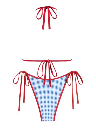 Image of ZAFUL Bikini Sets for Women Halter Bow Decor Tiny Floral Gingham Print Swimsuit Tie Side 2 Pieces Bathing Suit