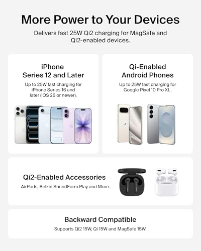 Image of Belkin Qi2 25W Magnetic Wireless Charging Pad, Fast Charging, No Adapter | MagSafe compatible, iPhone 17 Series, Samsung Galaxy, Pixel 10, AirPods Pro, kickstand, travel charger
