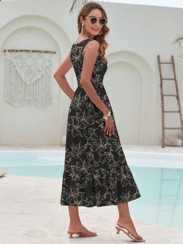 Image of AUSELILY Womens Summer Maxi Dress Casual Sleeveless V Neck Floral Dresses | A line shape with practical side pockets, Vacation dress for resort walks, Pair with low heels and simple jewelry
