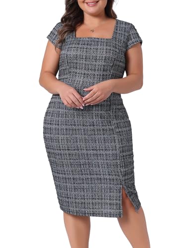 Agnes Orinda Women's Plus Size Vintage Midi Pencil Dress Tweed Cap Sleeve Sheath Dress Square Neck Work Dresses2