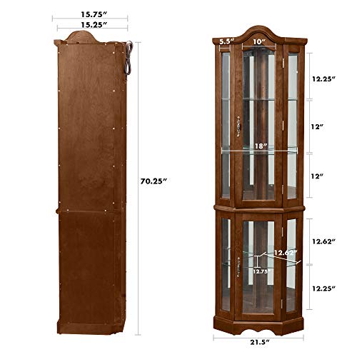 CHADIOR Corner Curio Display Cabinet with Tempered Glass Doors Adjustable Shelves and Light System, 5-Tier, Walnut - Thumbnail 6