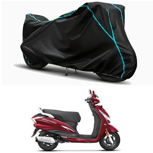 Image of Waterproof Bike Body Cover Compatible for | Hero Destini 125 STD | Taffeta Fabric, Sky Piping Design, Bottom Elastic Fit | Dustproof, Sun UV & Rain Protection for All Weather.