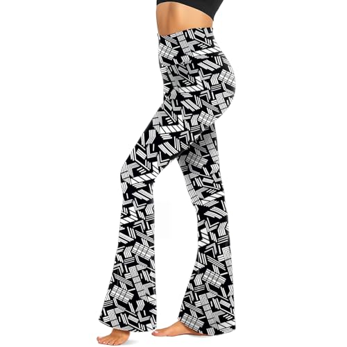 TNNZEET Black Flare Leggings for Women, Crossover Yoga Pants with Pockets Bootcut Flared Leggings High Rise Medium Retro Black and White