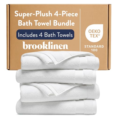 Brooklinen Super-Plush Turkish Cotton Bath Towels - Set of 4 - Cotton 820 GSM Highly Absorbent Machine Washable Perfect for Home & Bathroom (30 x 58 Solid White)