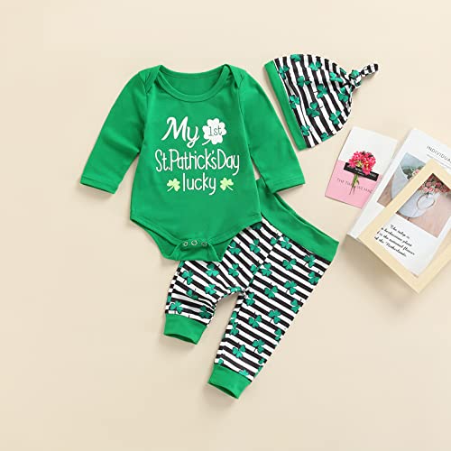 FIOMVA Newborn Infant Baby Boy Girl 1st St. Patrick's Day Clothes Letter Bodysuit Romper Pants Trousers Hat Set