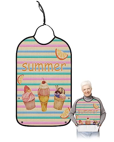 Kewadony Adult Bibs for Elderly Women - Summer Ice Cream Waterproof Dining Clothing Protectors with Crumb Catcher for Eating/Feeding, Rainbow Striped Lemon Terry Cloth Bib Machine Washable