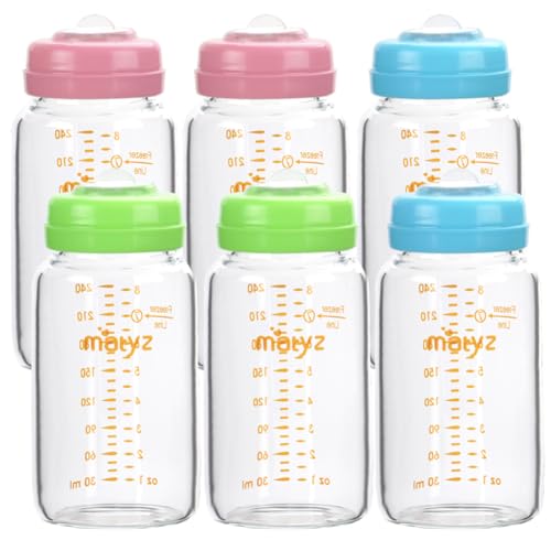 Image of Matyz Glass Breastmilk Storage Bottles, 6 Pack, 8 oz, Compatible With Spectra Medela Breast Pump - Freezer Safe Storage Bottles Set - Wide Mouth Breastmilk Storage Containers - BPA Free (3 Color Lids)