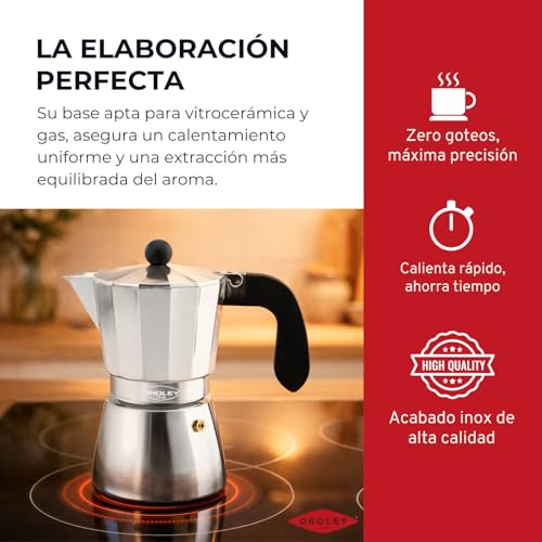 Oroley - Cafetera Italiana Alu | Aluminio | 6 Tazas | Cafetera Vitrocerámica, Fuego y Gas | Estilo Tradicional
