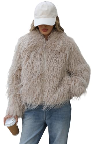 RISISSIDA Women Trendy Shaggy Faux Fur Jacket, Long Sleeve Cropped Style, Short Faux Fleece Plush Fuzzy Fluffy Furry Fashion Winter Fall Outerwear Beige 633 XS