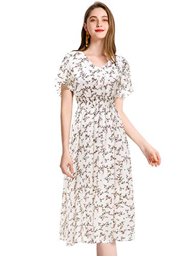 Image of Gardenwed Chiffon Floral Dresses Summer Midi Wedding Guest Dress V Neck for Women Elastic Waist
