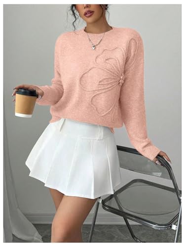 Image of RoseSeek Women's 3D Floral Appliques Crewneck Sweaters Long Sleeve Drop Shoulder Pullovers Elegant Knit Tops
