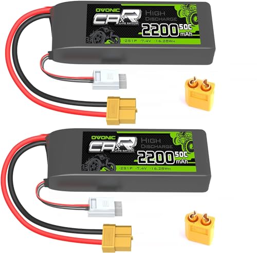 OVONIC 7.4V Lipo 2200 mAh 50C 2S Lipo Battery with XT60+TRA Plug (2 Packs)