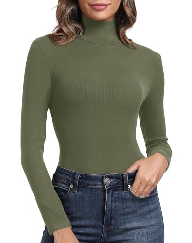 PALINDA Womens Ribbed Turtleneck Fitted Long Sleeve Shirts Basic Thermal Layering Tops(Olive Green L)