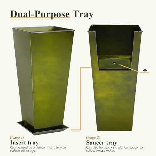 Worth-Garden-Large-Metal-Glazed-Planter-Set-of-2-25-28-Luxurious-Glossy-Finish-Green-Tall-Square-Tapered-Steel-Plant-Pot-Decor-Flower-Pot-Indoor-Outdoor-Drainage-Hole-Dual-Purpose-Saucer Worth Garden Large Metal Glazed Planter Set of 2 25 28 Luxurious Glossy Finish Green Tall Square Tapered Steel Plant Pot Decor Flower Pot Indoor Outdoor Drainage Hole Dual Purpose Saucer