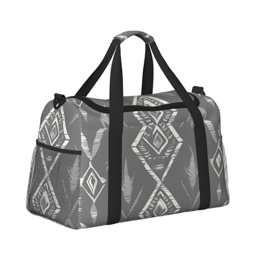 Grey Tribal Print Foldable Carry On Tote Large Capacity Hand Carry Bag for Airplane Weekend Getaways3