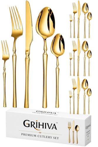 Image of 20 Pcs Gold Cutlery Set for Dining Table the Perfect Lightweight Silim Handle Tableware Including Dinner Spoon, Dinner Fork, Dinner Knife, Dessert Spoon & Dessert Fork