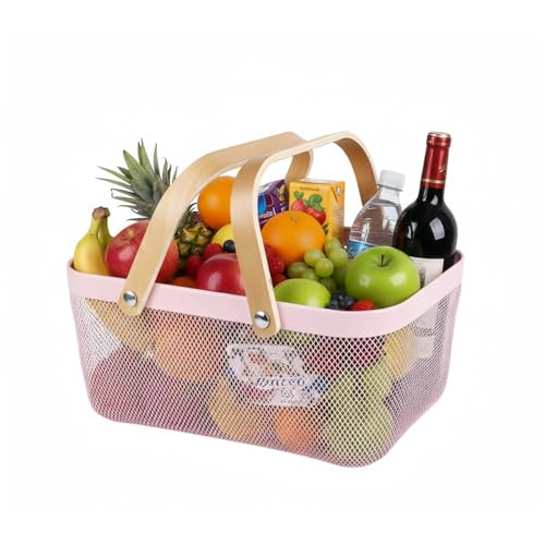 Ymeibe Portable Mesh Harvest Basket - Natural Bamboo Handle Foldable Organizer for Kitchen, Garden & Picnic | Ventilated Storage Bin with Rust-Proof Wire, Space-Saving Farmhouse Decor (Pink)