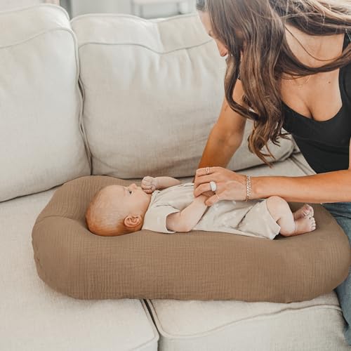 Image of Konssy Muslin Baby Lounger Cover 2 Pack, 100% Cotton Newborn Lounger Cover, Soft and Breathable Baby Nest Slipcover for Boys Girls (Brown,Wheat)