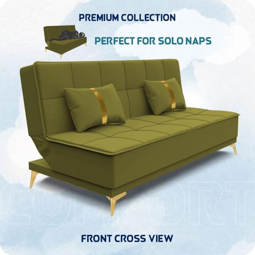 Image of Adorn India Premium New Alyssum 3 Seater Sofa Cum Bed 4X6 Velvet Suede with 2 Cushions (Color Light Green) and Suitable for All Indoor, with 3 Years Warranty