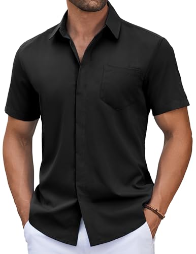 COOFANDY Camisas de Hombre de Manga Corta Que No Necesitan Planchado Camisa Informal Ligera de Verano Camisas con Botones para Hombre Camisa Informal de Playa Camisa de Negocios con Bolsillo Negro M