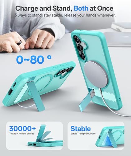 Image of Vihibii PC,Silicone for Samsung Galaxy S25 Magnetic Back Cover with Kickstand,Compatible with Magsafe & Rugged Shockproof Protective Back & Translucent Matte Slim Phone Case for S25 6.2 inch 2025,Teal