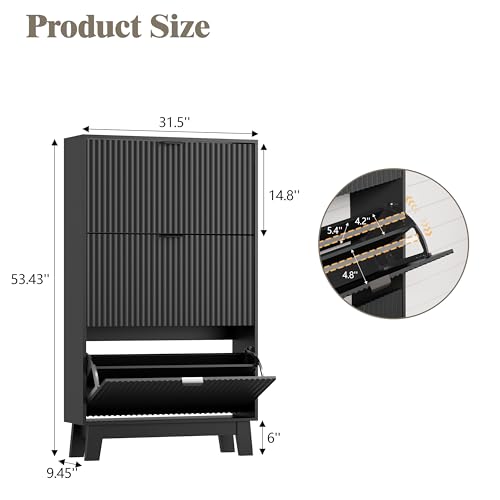 Image of Shoe Cabinet Storage for Entryway with 3 Flip Drawers, Fluted Narrow Shoe Organizer with Wooden Legs, Freestanding Slim Shoe Storage Hidden Shoe Rack Organizer for Front Door Entrance, Hallway, Black