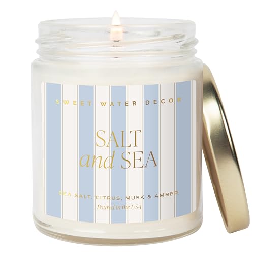 Sweet Water Decor Salt and Sea Patterned Candle Soy Candles with Sea Salt Citrus Musk Amber Aroma 40 Hour Burn 9oz Clear Glass Jar Ocean Summer Candles for Home Decor