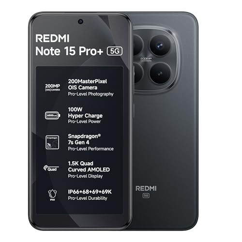 Image of REDMI Note 15 Pro+ 5G (Carbon Black, 8GB + 256GB) | 200MasterPixel OIS Camera | Snapdragon 7s Gen 4 | CrystalRes AMOLED | IP69 /69K | 6500mAh Si /C Battery | 100W HyperCharge