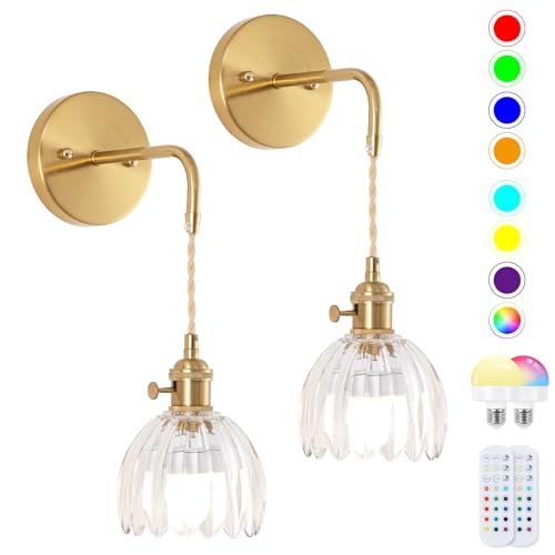Image of Vintage Battery Operated Wall Sconces Sets Of Two, Indoor not Hardwired Transparent Tulip Glass Lampshade Fixtures, Rechargeable Wireless RGB Wall Lights with Dimmable Remote, for Bedroom Living Room