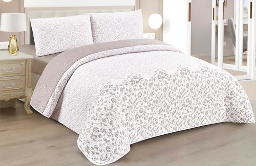 Colcha Boutis para Primavera y Verano Bicolor Reversible Estampado Floral Remolino + 1 Funda Cojin 50x70 cm - Colcha Ligera Fina Entretiempo (Cama 90, 180x260cm)