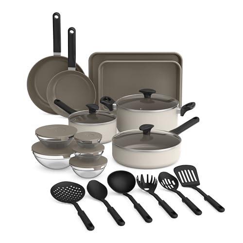 bella 21 Piece Kitchen Set with EverGood™ Ceramic Nonstick Coating, Dishwasher & Oven Safe, All Stovetops Compatible, Tempered Glass Lids & Cool Touch Handles, Oatmilk