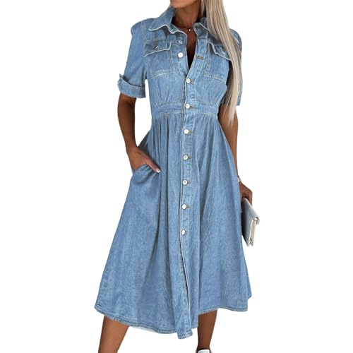 Image of Women Denim Shirt Dress V Neck Short Sleeve Long Bottom Down A-Line Jeans Dresses with Pockets
