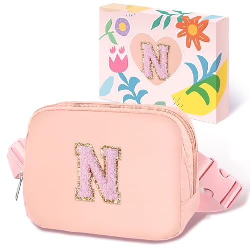 Image of COSHAYSOO Valentines Birthday Initial Gifts for Teen Girls 5 6 7 8 9 10 11 12 13 14 Year Old Pink Fanny Pack for Girls Belt Bag Crossbody Travel Purse Unique Trendy Girly Stuff Chenille Letter N