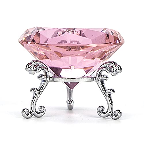 Image of F-ber 60mm/2.4" Pink Crystal Faceted Diamond Paperweight w/ Silver Base Stand Jewels Wedding Decorations Centerpieces Cut Glass Display Ornament Gift Home Decor