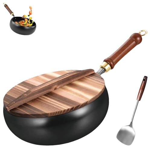 Suntuup - Pan de hierro japonés, sin revestimiento, 9,45 pulgadas, Suntuup japonés, forjado a mano, no se pega IronPan para cocina de gas, con tapa (tapa de madera)