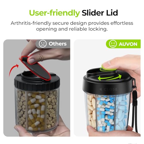 Image of AUVON Large Pill Dispenser Can Store 7 Various Supplements, Travel Pill Organizer Bottle with Anti-Mix Design, Arthritis-friendly Pill Holder with Wide Opening & Slider Lid, Includes 20 Blank Stickers