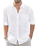 J.VER Men's White Linen Cotton Shirts Long Sleeve Regular Fit Casual Solid Lightweight Summer Beach Shirt with Pocket M