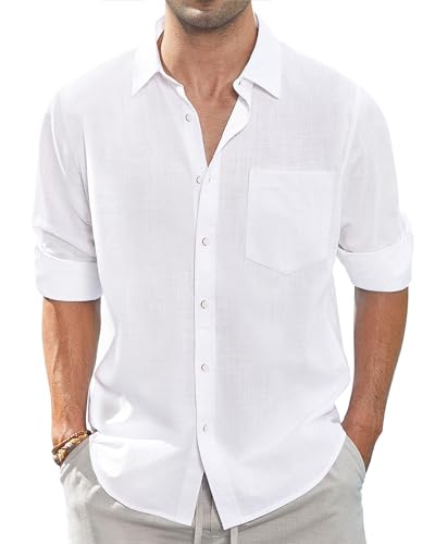 J.VER Mens White Linen Cotton Shirts Long Sleeve Regular Fit Casual Solid Lightweight Summer Beach Shirt with Pocket L