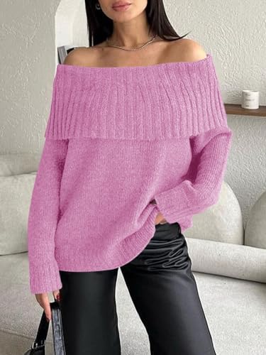 Image of Saodimallsu Womens Off The Shoulder Sweaters Oversized Long Sleeve Loose Ribbed Knit Fall Trendy Pullover Tops