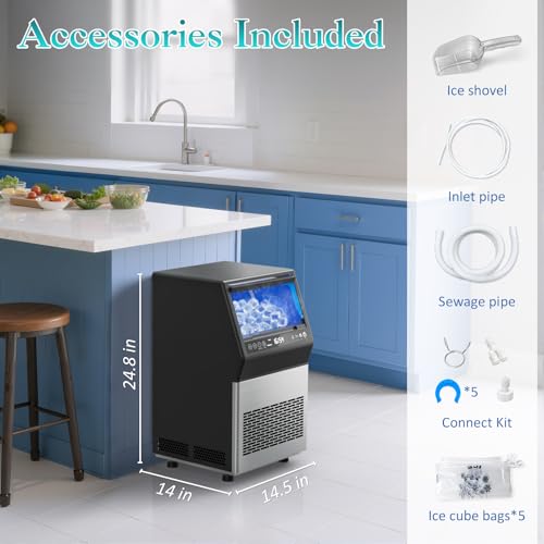 Image of Ice Maker Machine Commercial - 110LBS /24H Freestanding Cabinet Ice Maker 45 Ice Cubes in 8-20 Mins, with 3 Ice Thickness Jug & Tap Water Inlet Auto Self-Cleaning for Home Office Bar