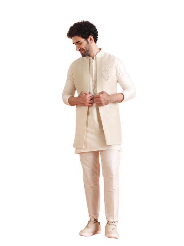 Mens Kurta Jacket Trouser Set|Silk Blend Fabric Stylish Woven Design Pattern Mens Ethnic Wear|Regular Fit Mandarin Collar Long Sleeves-image-30
