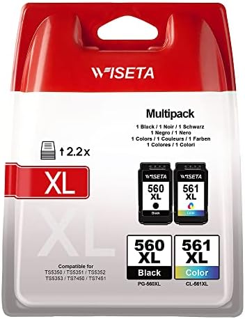 WISETA PG-560XL CL-561XL Compatible Ink Cartridges, 2 Pack Black and Tri-colour, Ink for Canon 560 561 XL for Pixma TS5350 TS7450 TS5351 TS5352 TS5353 TS7451 Printer