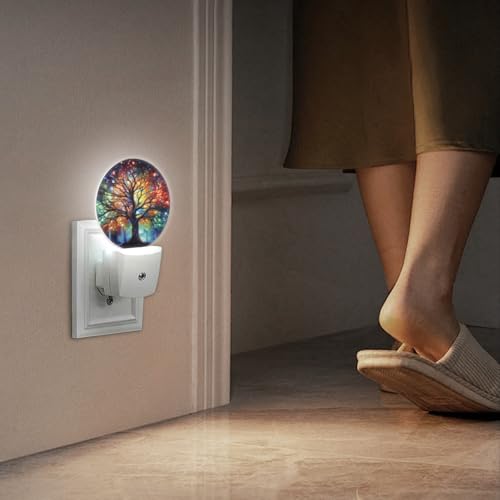 Image of Round LED Night Lights Lamp with Dusk to Dawn Sensor, Vibrant Tree of Life with Branches Night Light Plug Into Wall for Kids Room, Bedroom, Bathroom, Kitchen, Hallway (Pack of 2)