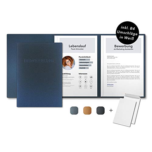 10 Stück 3-teilige Bewerbungsmappen Nachtblau Metallic - inkl. 10 Versandumschläge in Weiß - Premium-Qualität mit hochwertiger Prägung BEWERBUNG - direkt vom Hersteller STRATAG